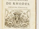 an open book with a picture of a coat of arms on it