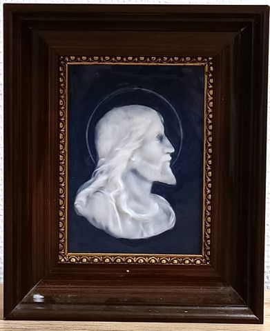 Plaque de porcelaine encadrée « Jésus » 17 x 12 à vue