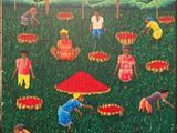 painting of a group of people working in a field with umbrellas