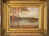 un tableau représentant un paysage avec des arbres et un lac en arrière-plan