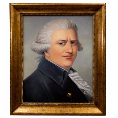 une peinture à l'huile représentant un homme vêtu d'un manteau bleu et aux cheveux blancs