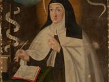 an old painting of a nun holding a book and writing