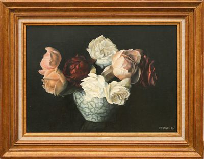 une peinture de roses dans un vase sur une table
