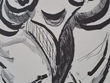 a black and white drawing of a man with a bird on his head