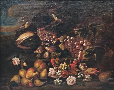 peinture d'une nature morte de fruits et de fleurs sur une table