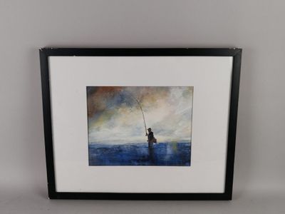 un tableau représentant un homme en train de pêcher dans l'océan par temps nuageux