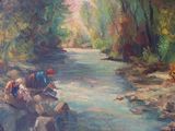 un tableau représentant un groupe de personnes assises sur des rochers au bord d'une rivière