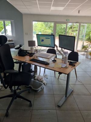 a desk with two monitors and a laptop on it