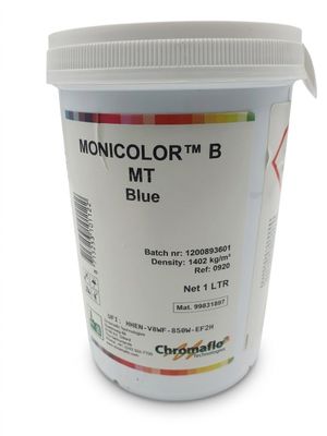 a close up of a bucket of blue paint on a white background