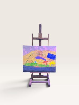 un petit chevalet sur lequel est posé un tableau, posé sur une surface blanche