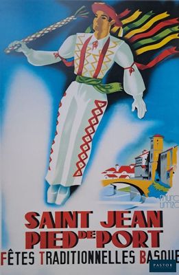poster of a man in traditional clothing holding a flag and a train