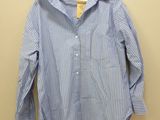 a blue and white striped shirt hanging on a hanger