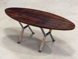 an image of a wooden table with metal legs