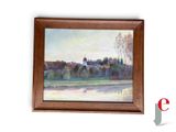 peinture représentant un paysage avec une rivière et une église au loin