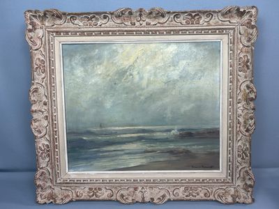 un tableau représentant une scène de plage avec un bateau au loin