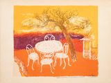 une image représentant un dessin d'une table et de chaises, avec un arbre en arrière-plan