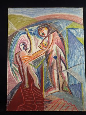 une image représentant un tableau où figurent une femme et un homme vêtu d'une robe rouge