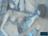a painting of two women sitting on a bed