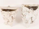 two white vases with flowers on them on a white surface