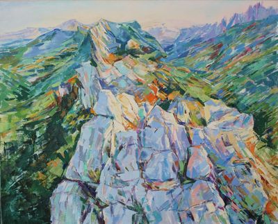a painting of a painting of a mountain with rocks