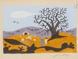an image of a painting of a man and a dog in a field