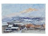 aquarelle représentant un paysage enneigé avec une montagne en arrière-plan