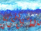 peinture abstraite représentant un paysage marin bleu et rouge avec des vagues