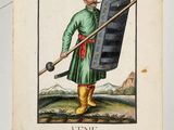 an old book with a picture of a man in a green outfit holding a sword