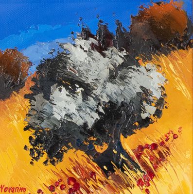 une peinture à l'huile représentant un arbre solitaire dans un champ de coquelicots