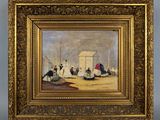 a painting of a group of people on a beach with a boat in the background