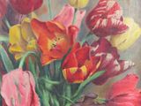 a painting of flowers in a vase on a table
