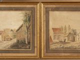 deux tableaux représentant une scène de village avec un homme et un chien dans la rue