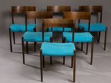 set of six mid century dining chairs with blue upholstered seats