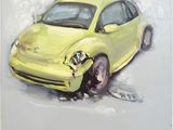 painting of a yellow car with a broken front wheel on a white background