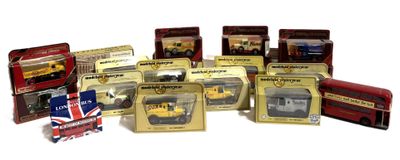 many different types of toy trains and trucks in boxes