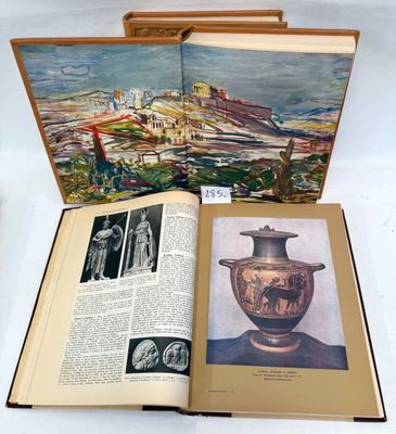 an open book with a picture of a vase and a picture of a city