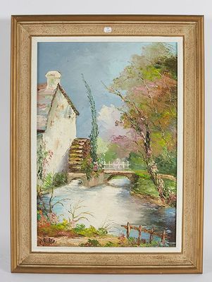 une peinture à l'huile représentant une maison et un ruisseau dans un décor champêtre
