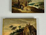 two paintings of a farm scene and a village scene