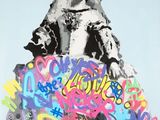 un tableau représentant une femme assise au sommet d'un tas de graffitis