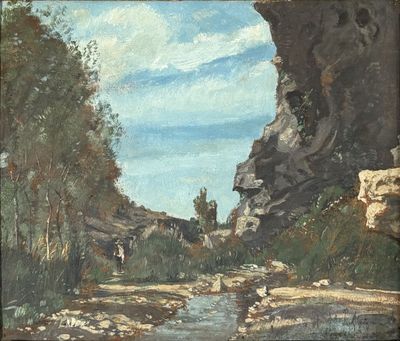 une peinture à l'huile représentant un ruisseau qui coule dans une vallée rocheuse