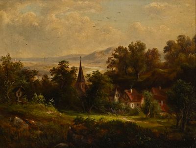 tableau représentant un paysage rural avec une église au loin et une rivière au premier plan