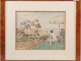 painting of two men on horseback in a field with umbrellas in the background