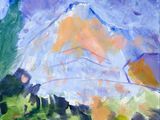 an oil painting of a mountain with trees in the foreground and a blue sky in the background