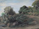 tableau représentant un chemin de terre bordé d'arbres et de buissons de chaque côté
