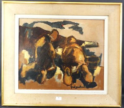 tableau représentant deux vaches dans un champ, avec une clôture en arrière-plan