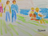 drawing of a group of people standing on a beach next to a body of water