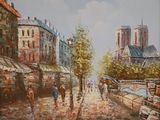 an oil painting of a street scene with people walking down the street