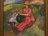 a painting of a woman and a child in a field