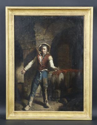 un tableau représentant un homme en tenue de cow-boy tenant un tonneau