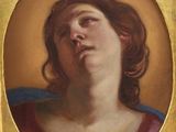 painting of a woman in a red dress with her eyes closed